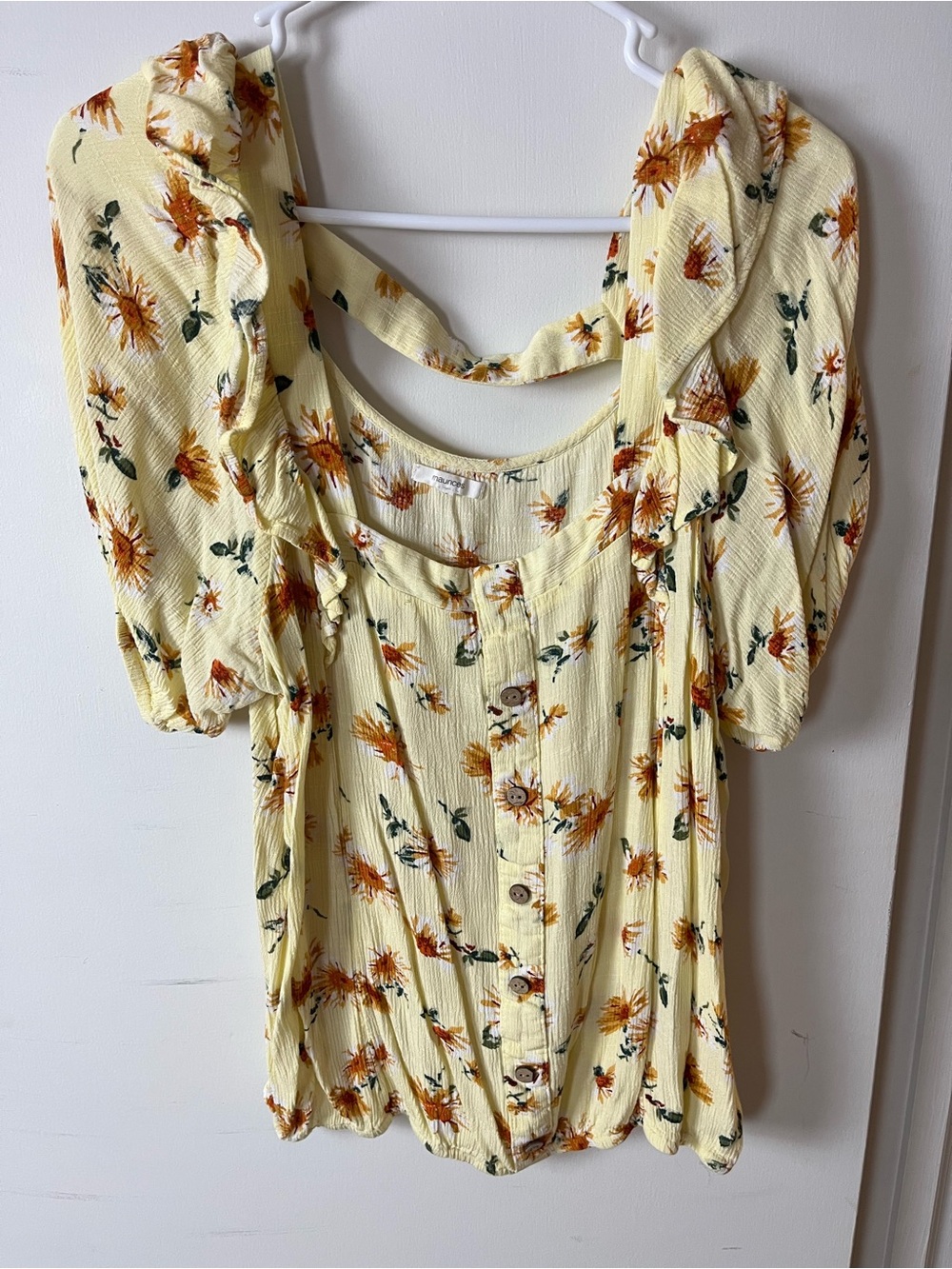 Maurices Yellow Floral Button-Front Puff Sleeve Top